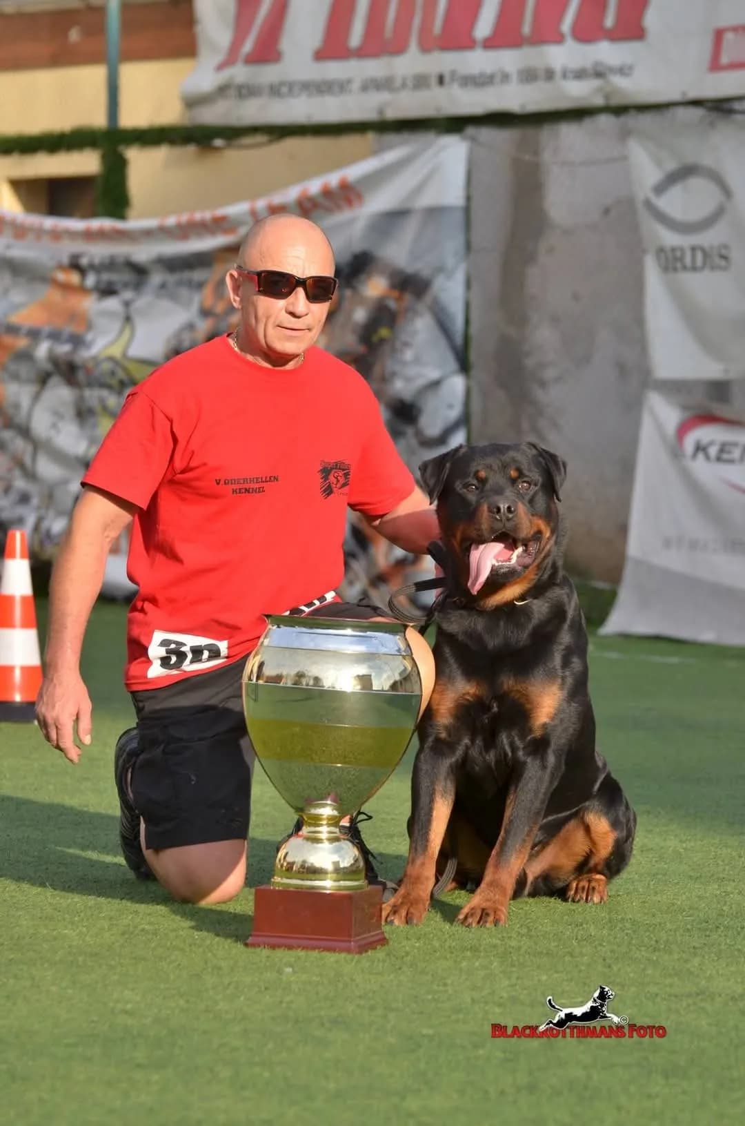 Estor von Oderhellen sitting beside his handler and the winner's cup at a Romanian show